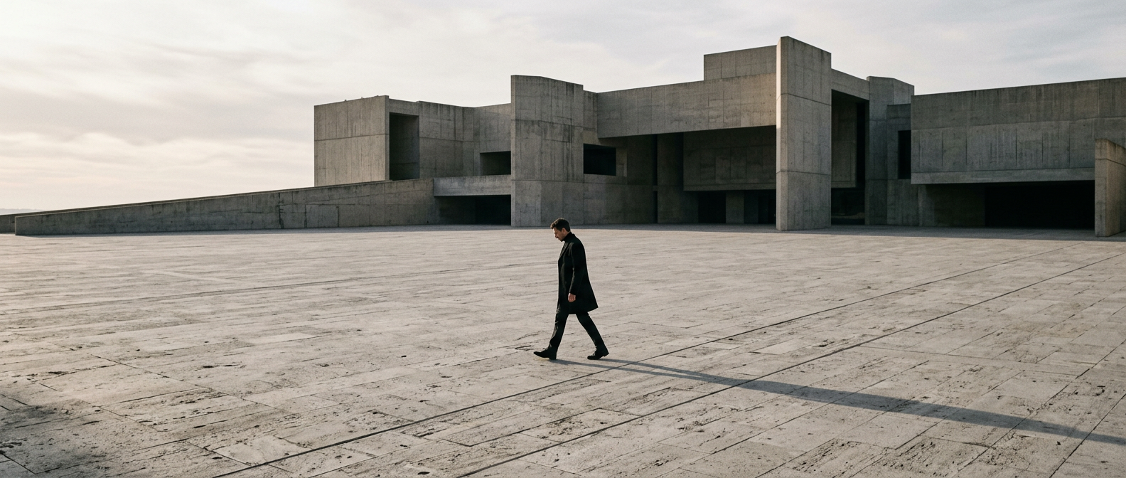 Lone figure crossing a vast limestone plaza in low raking light