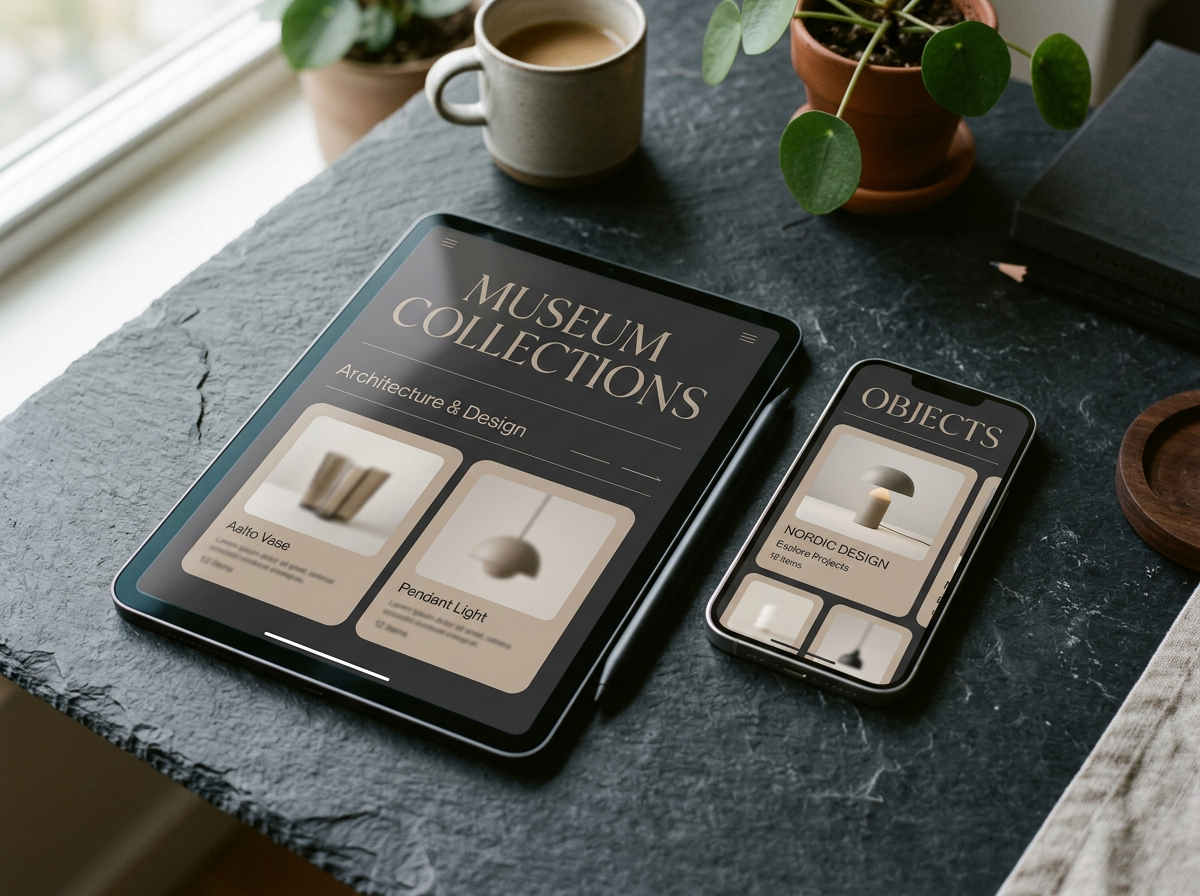 Tablet and phone showing a minimal app interface on a slate desk