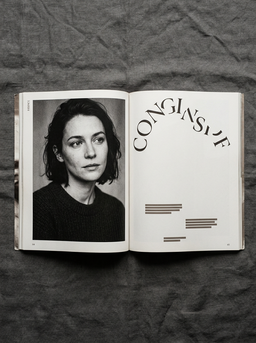 Open magazine spread pairing a black and white portrait with a quiet typographic page