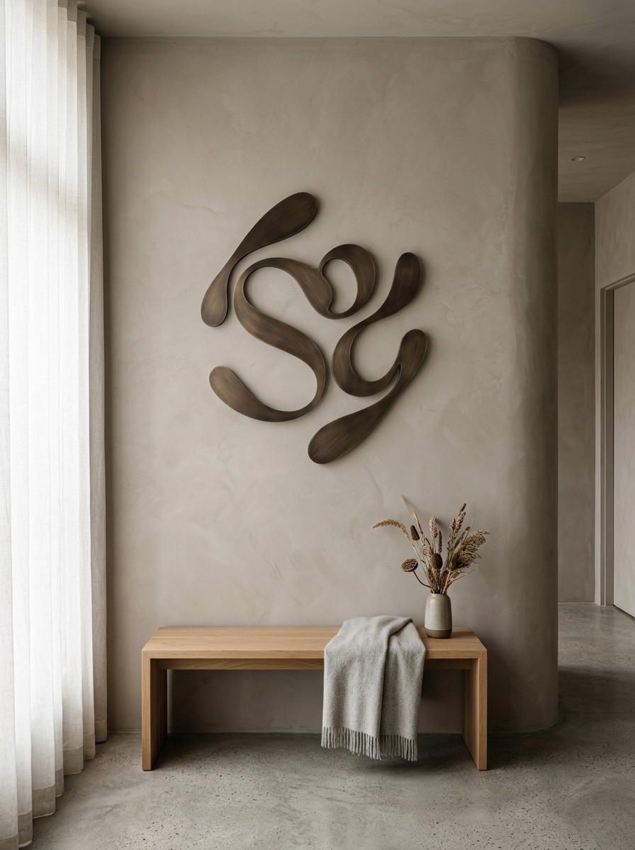 Dimensional bronze wordmark on a lime plaster wall in a calm interior
