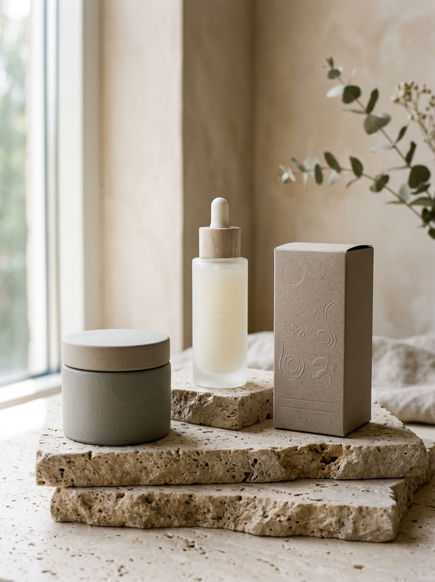 Stone ceramic jar, frosted bottle and embossed box arranged on travertine