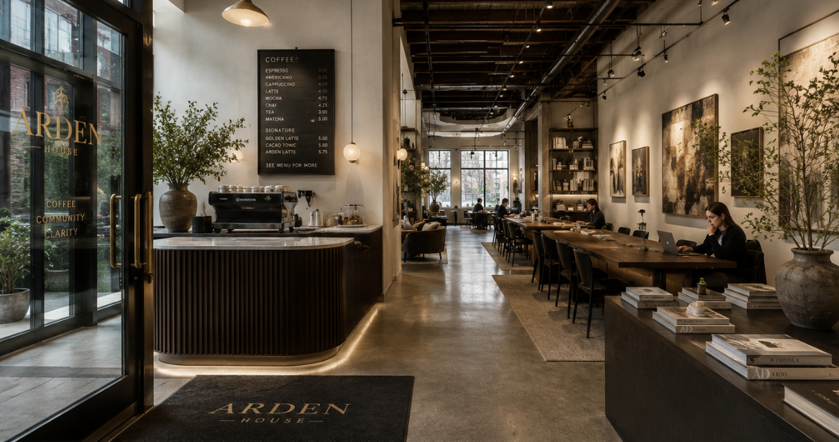 Arden House cafe interior with gilded window lettering, coffee bar and long communal tables