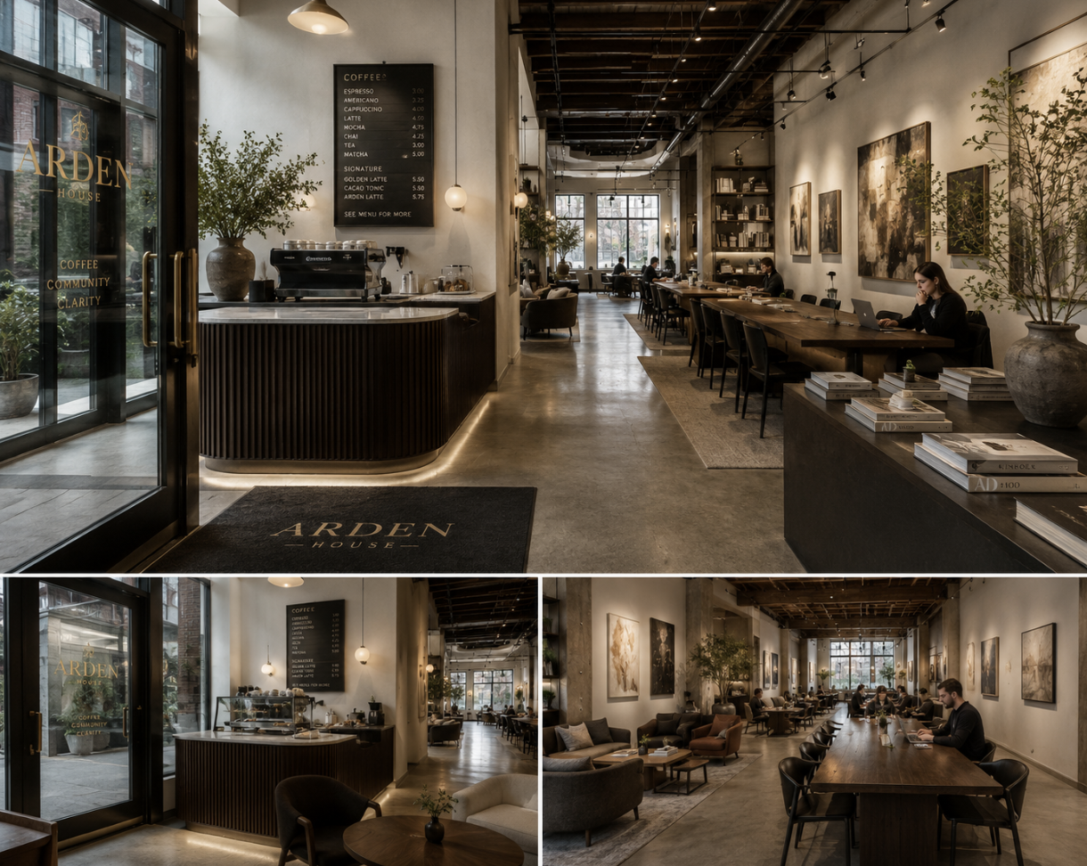 Arden House cafe interior with gilded window lettering, coffee bar and long communal tables