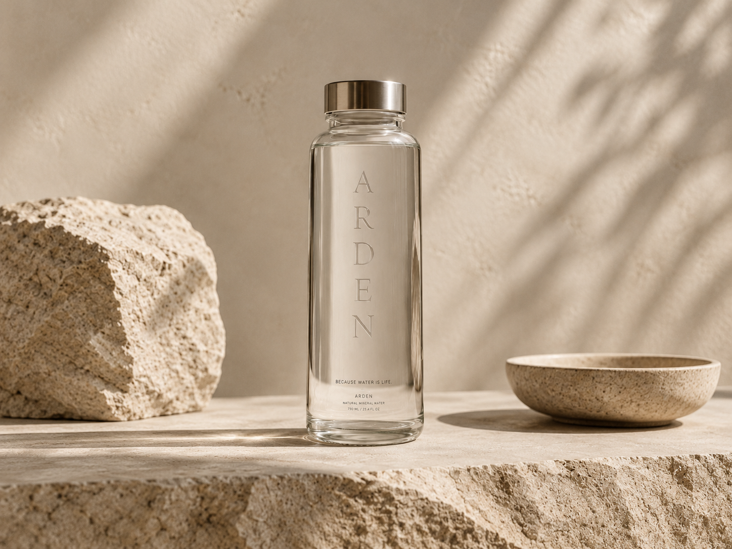 Arden mineral water glass bottle with etched vertical wordmark on travertine