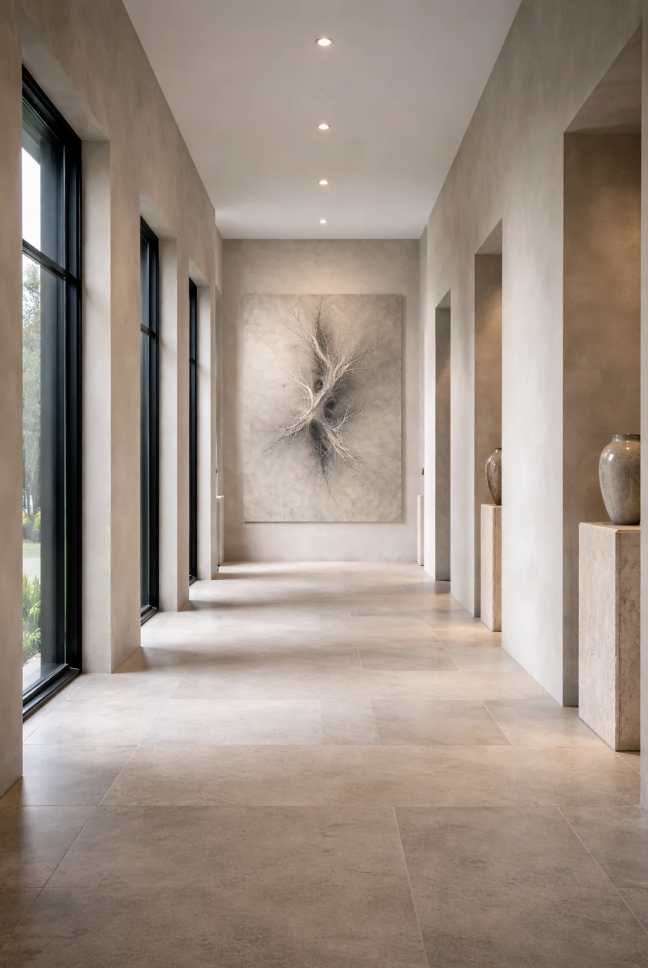 Plaster gallery corridor with a large abstract artwork and stone vessels on plinths