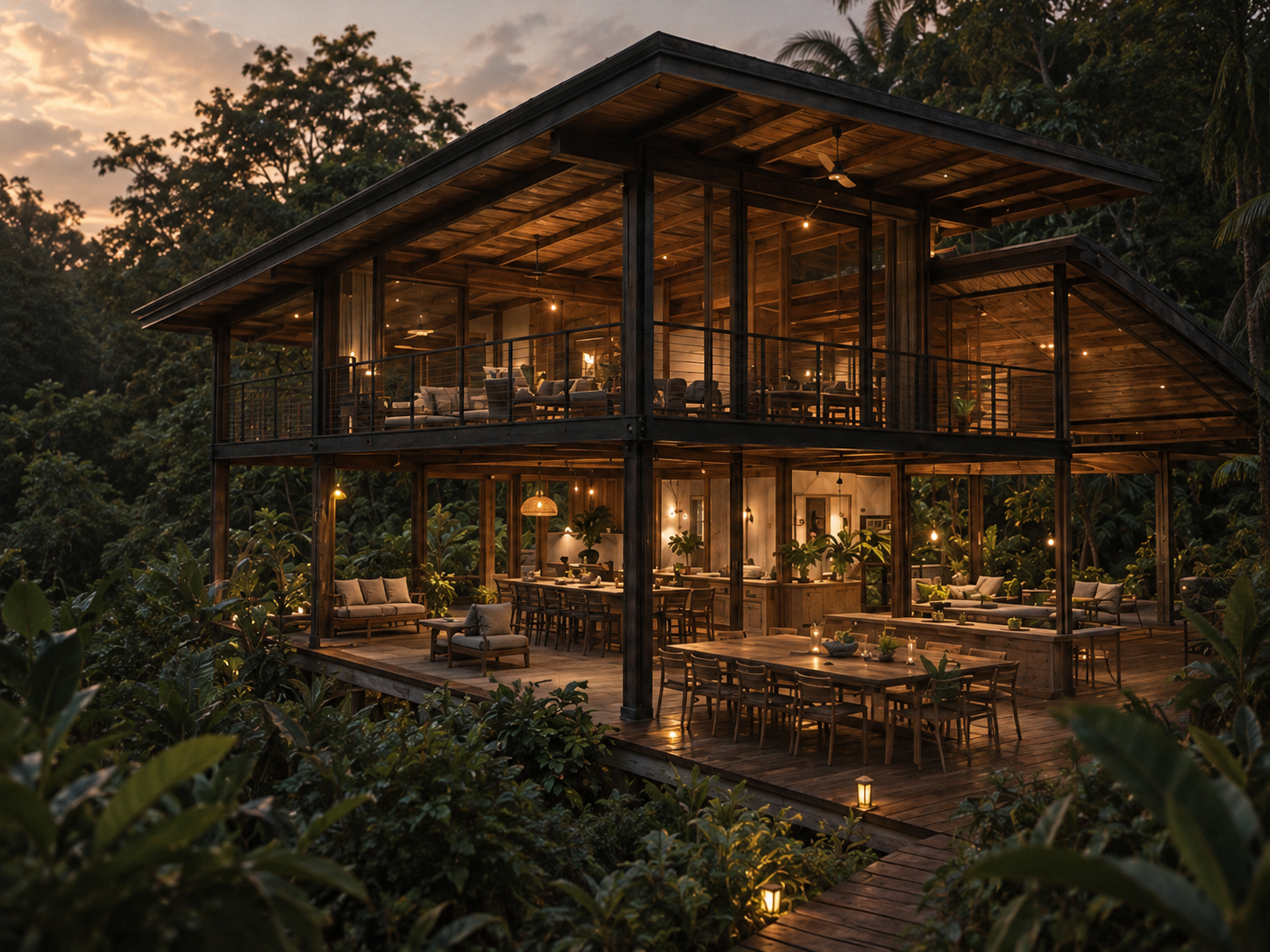 Two-storey timber pavilion glowing at dusk within dense tropical forest