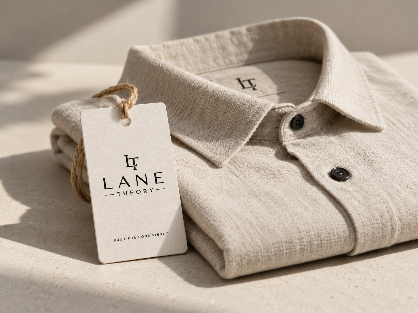 Lane Theory hang tag and monogram label on a folded linen shirt