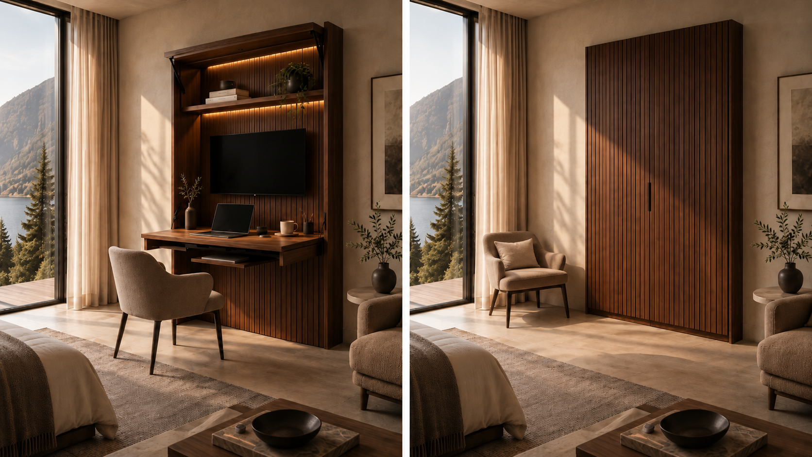 A fluted walnut wall unit shown open as a fold-down desk with lit shelves and a screen, and closed as a full-height wardrobe, in a lakeside bedroom