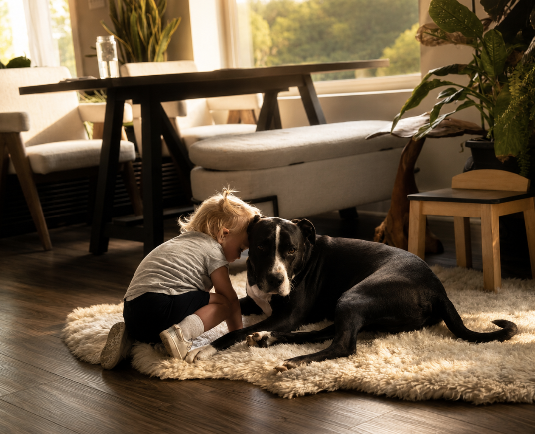 A toddler resting her head against a large black dog on a sheepskin rug in afternoon light