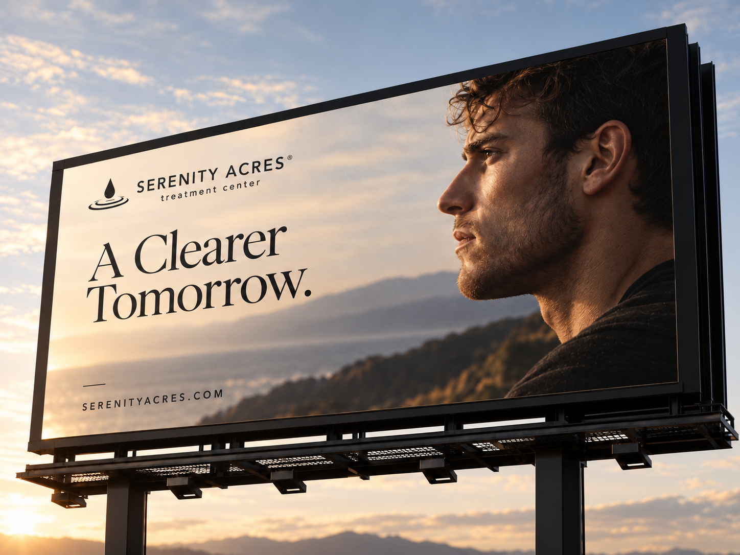 Serenity Acres billboard reading A Clearer Tomorrow beside a man in profile at sunrise