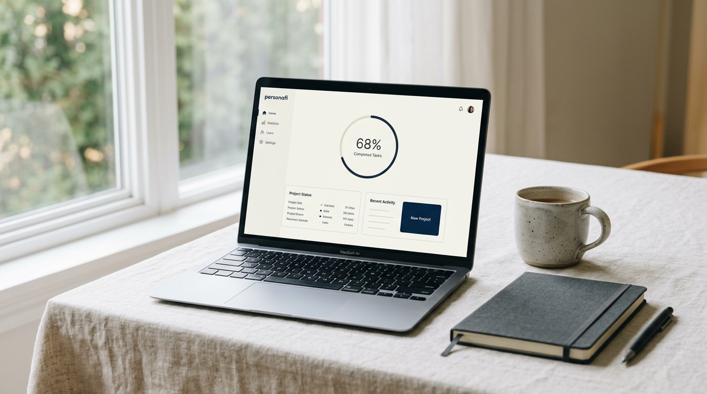Laptop on a linen desk showing the Personafi dashboard with a progress ring and next recommended action