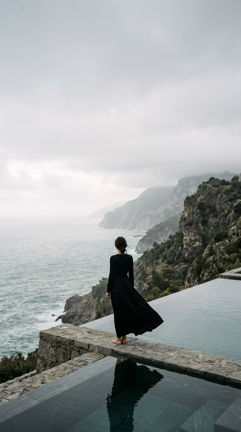 Woman in a black dress on a stone terrace overlooking misty sea cliffs